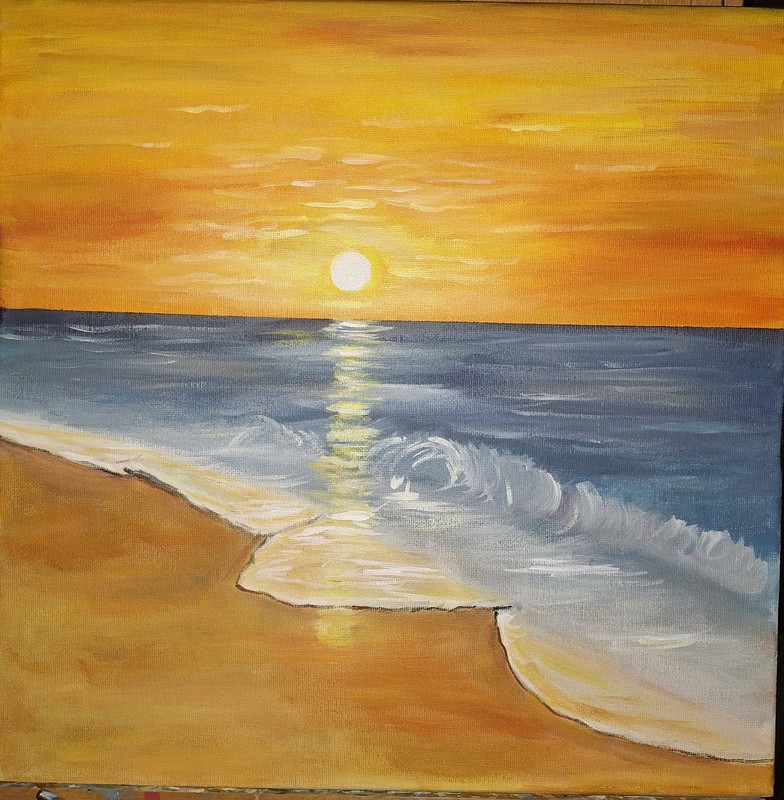 Modern Expressionist Sun Setting On The Beach 14x14 Canvas gallery