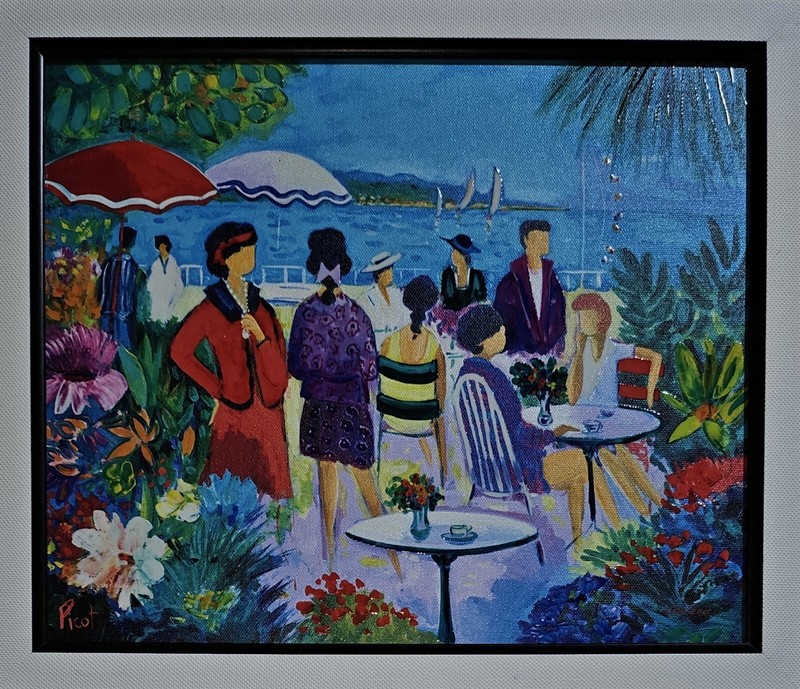 Jean-Claude Picot «Terrace in Cannes» Giclee w/Hand Emb on Canvas, Signed, w/COA