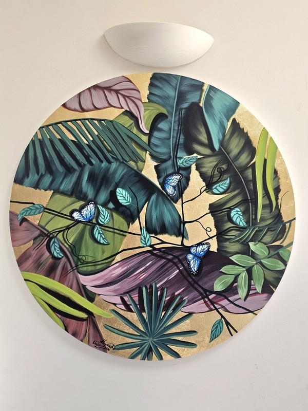 31in - Ultra Contemporary Botanical Butterflies painting on 80 cm round canvas gallery