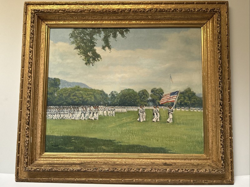POST WAR PAINTING AMERICAN FLAG SOLDIERS CERIMONIAL MILITARY NABOU SIGNED LARGE
