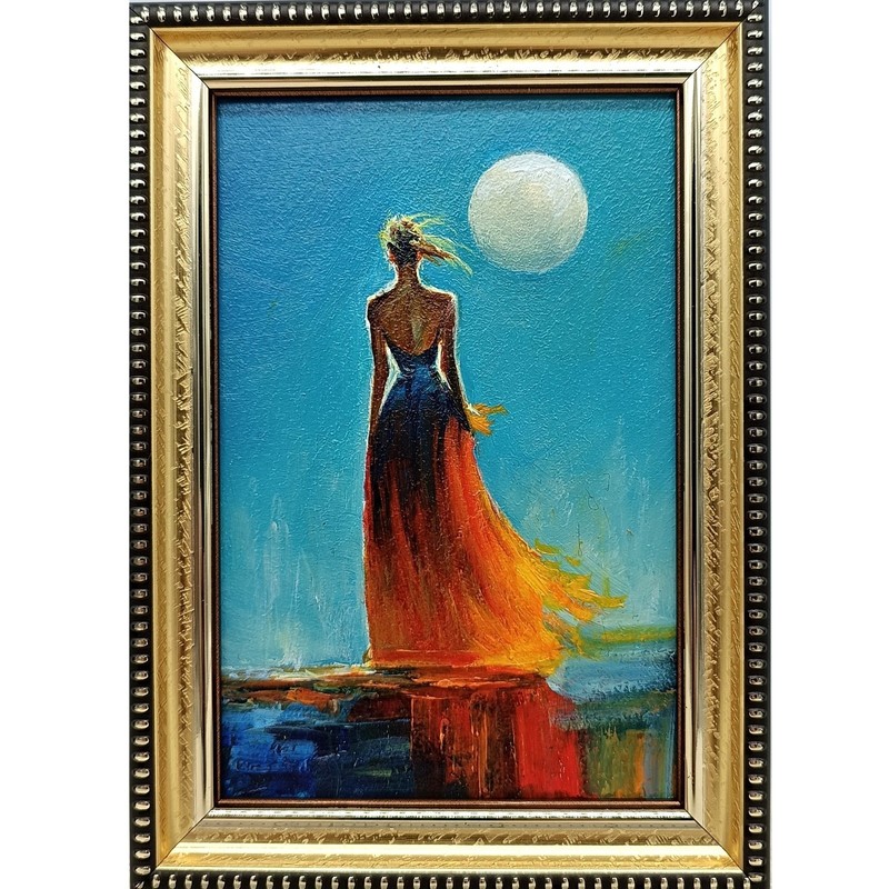 Full Moon Woman Original Oil Painting 4×6 Framed Signed Night Landscape Art