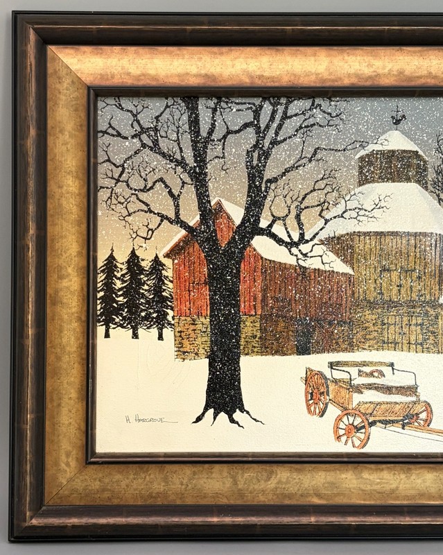 H. Hargrove Original Framed Serigraph Oil Painting Winter Barn Wagon signed 21" gallery