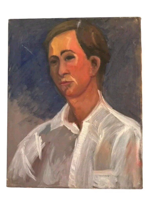 Vintage 16×20 Oil on Canvas Portrait Painting – Man in White Shirt