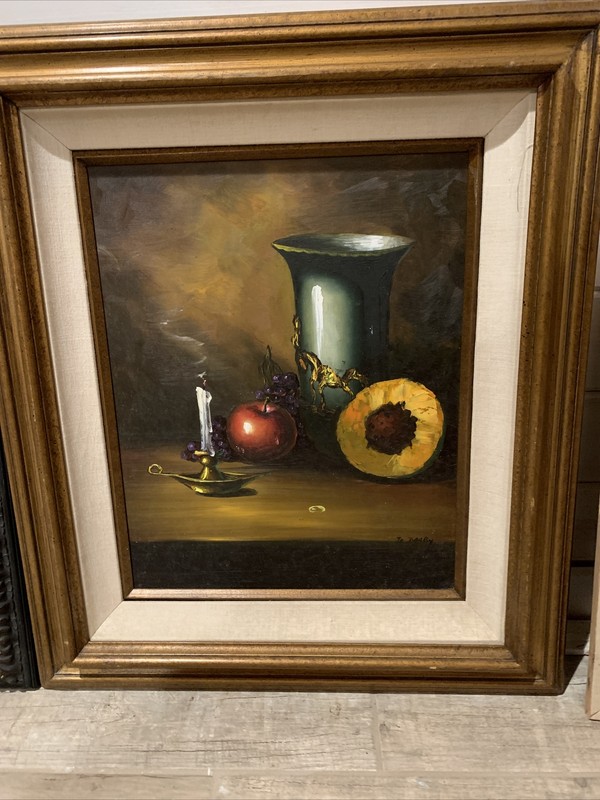 signed original still life,vertical,fruit and candlestick,16×20. 25×29 frame