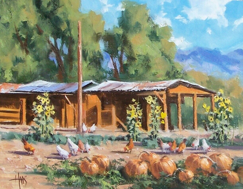 TOM HAAS painting ‘Free Range’ oil 11″x14″ Western farm ranch pumpkins chickens