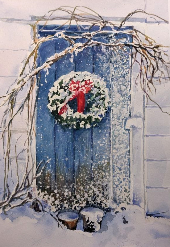 Winter Watercolor Painting Snowy Blue Door with Christmas Wreath A4 Original Art