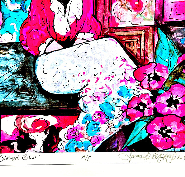 " STAINED GLASS" LAURA MOSTAGHEL SIGNED GICLEE PAPER, ARTIST PROOF A/P 12"x14.5" gallery