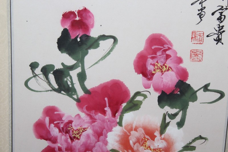 Chinese Painting Red Rose Flowers Signed Stamped Framed Chinese Painting gallery