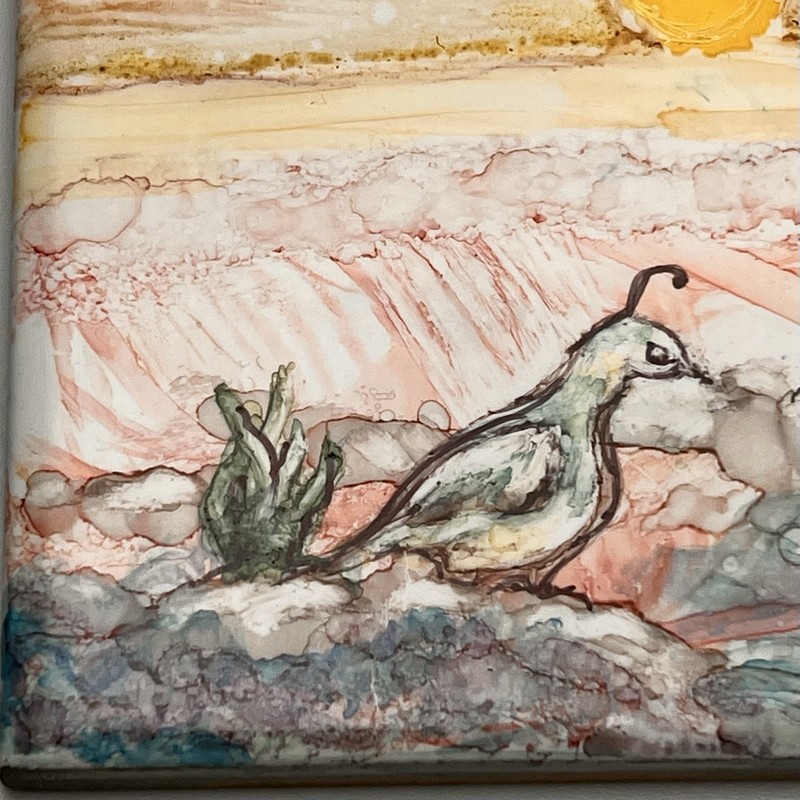 Handpainted Alcohol Ink Tile Desert Quail Artist E. McPeak 4x8' Quattro Quaglie gallery