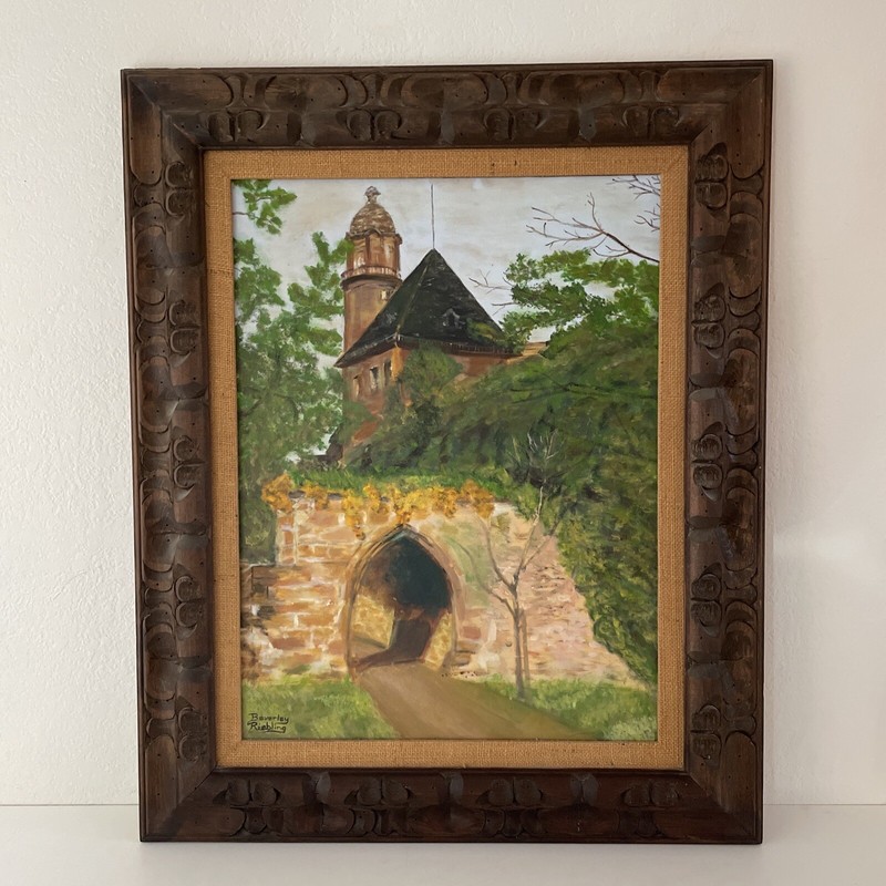 Vintage Mid Century Architectural Landscape Painting 27×33″ Turret Bridge Tunnel