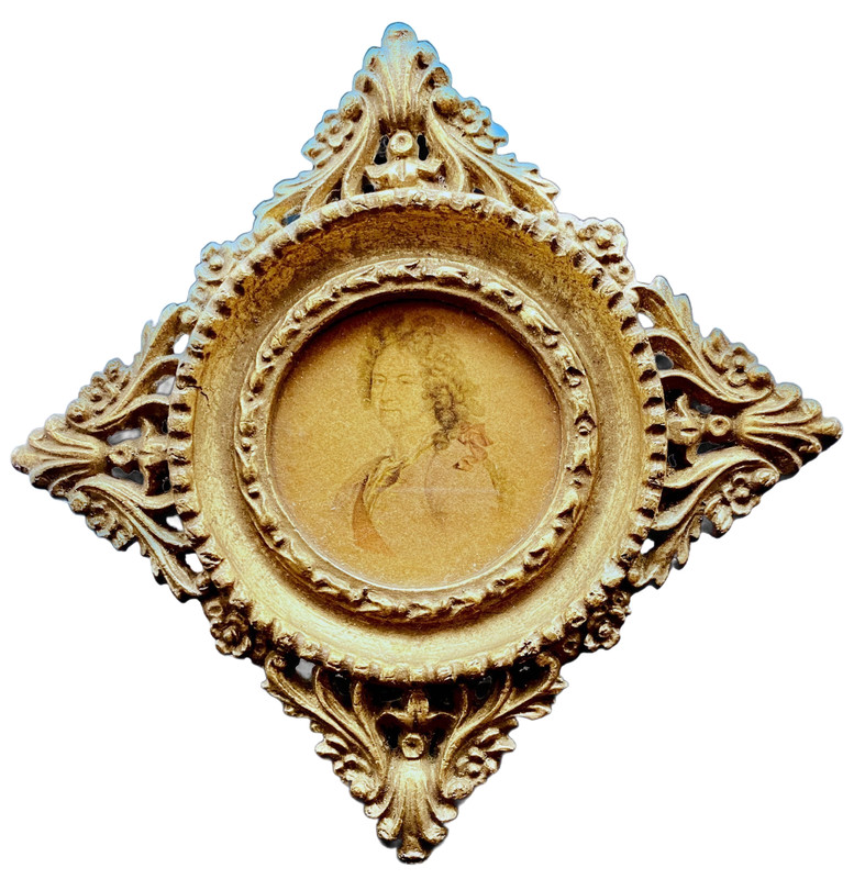 ANTIQUE ITALIAN MINIATURE DRAWING MAN PORTRAIT, GILDED WOOD FLORENTINE FRAME g