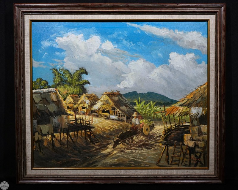 Vintage Original Post-Impressionist Landscape Oil on Canvas «Rural Village»