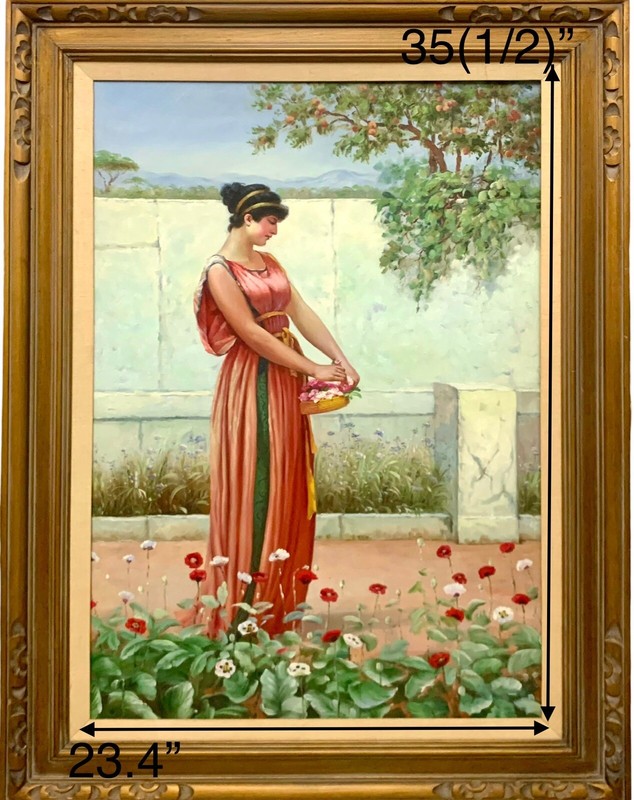 Painting Lady in Garden Old World Greek Style Oil on Canvas Vintage Art Decor gallery