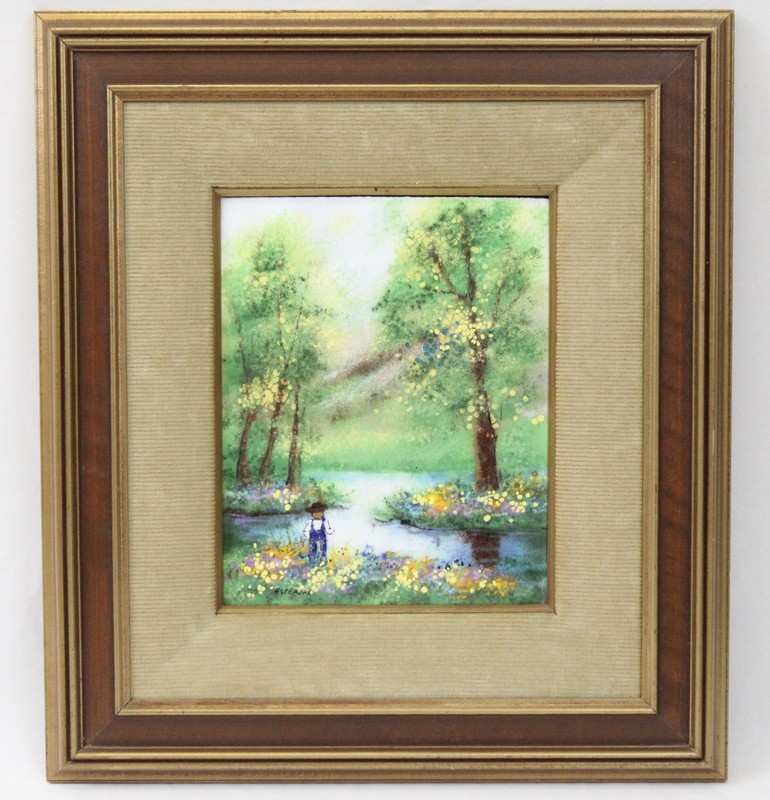 Raphael Esterida 8×10 Enamel on Copper Painting Spring Floral Landscape Framed
