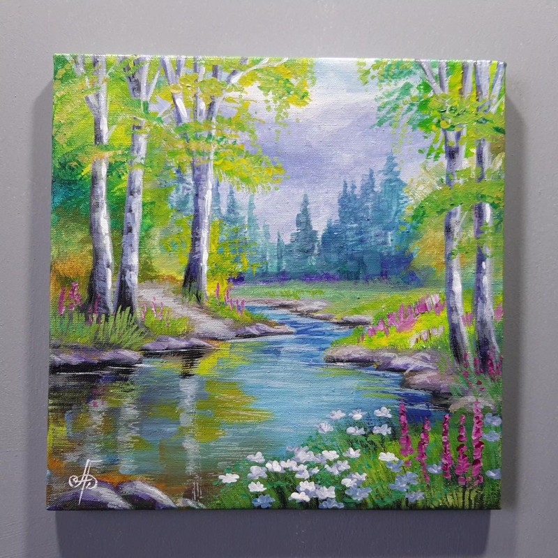 Summer Peace Landscape Acrylic Painting River Forest Nature Canvas Artwork 8x8 gallery