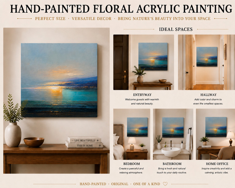 Original Hand Painted Lake Sunset Landscape Oil Painting 20x20 Canvas Art gallery