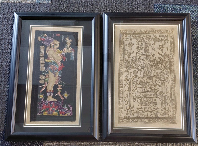 2 Mayan Pyrography Framed Suede Leather Paintings of Chan-Bahlum & Pakal Journey