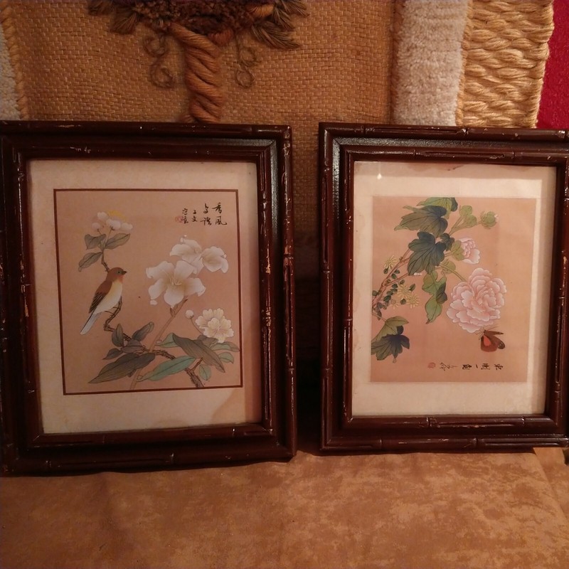 Pair of 2 Asian Signed Painting on Silk with Bird, Flowers, and Butterfly