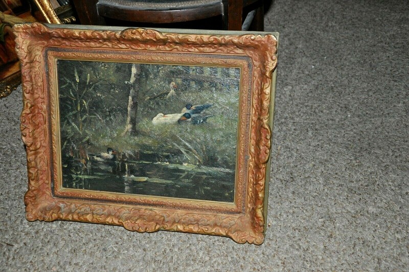 Powerful Antique American Ducks on Pond oil on Canvas