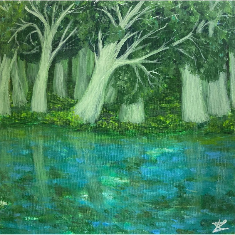Forest landscape, lake , forest trees Original painting on canvas 12x 12