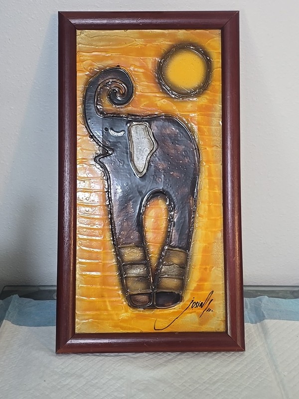 Acryclic Mixed Materials Textured Elephant Painting On Canvas Framed 9×17 Africa