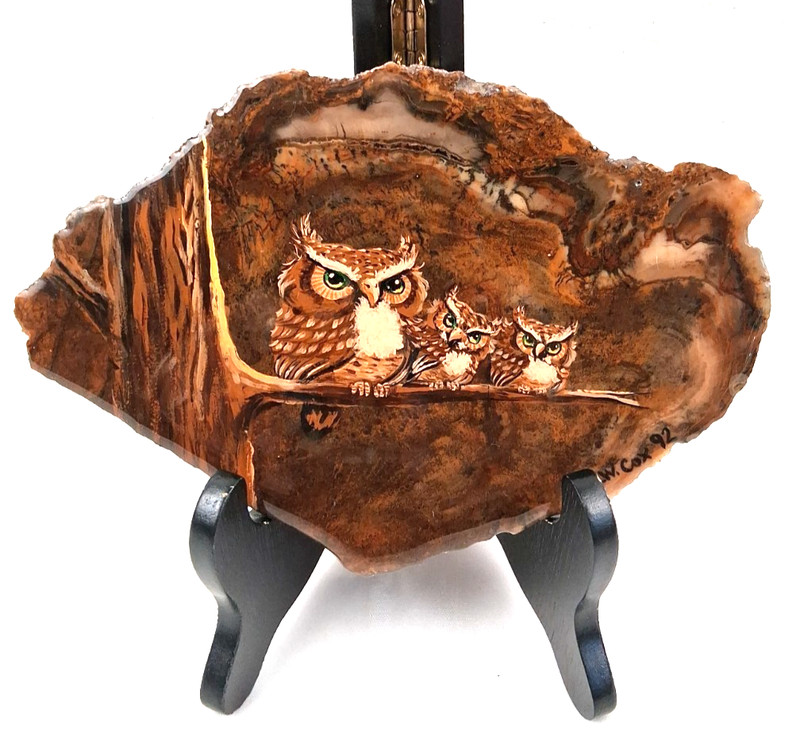 VTG Hand Painted Sweet Owl Family On Stone Agate Epoxy Slab Signed L.W. Cox 6" gallery