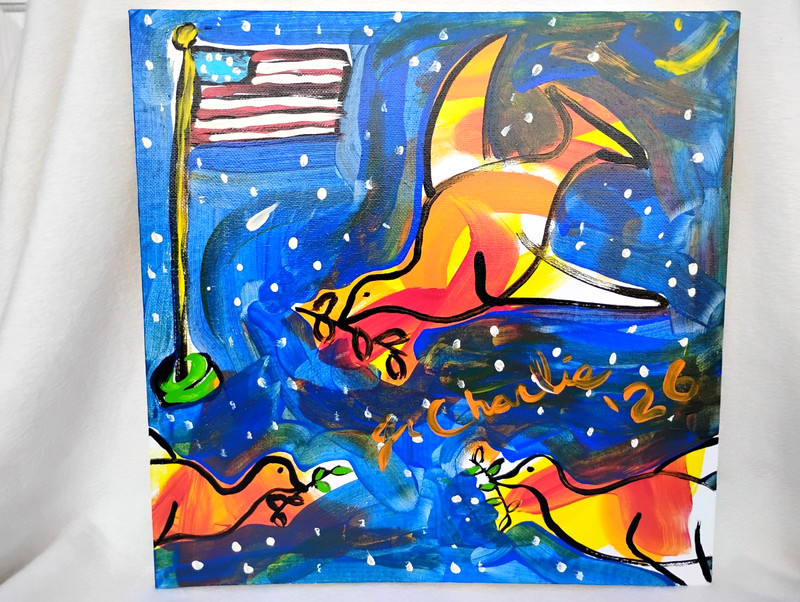 SPACE DOVES of AMERICA FOLK ART PAINTING JR CHARLIE OUTSIDER PRIMITIVE ARTIST
