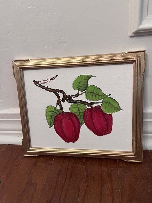 GOLD FRAMED ROSE APPLE OIL LEAVES SIGNED FRAMED GOLD RED 9x11 gallery