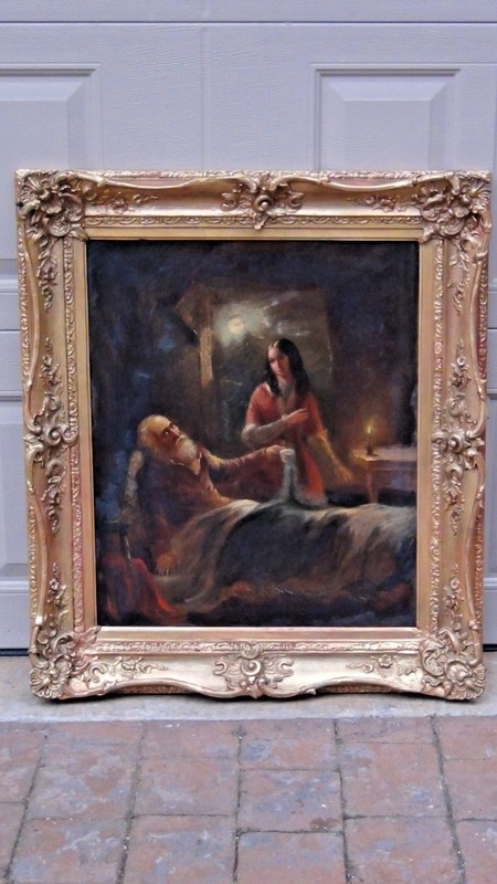 ANTIQUE 18 c OLD MASTER OIL ON CANVAS OF A YOUNG WOMAN NURSING FOR AN OLD MAN