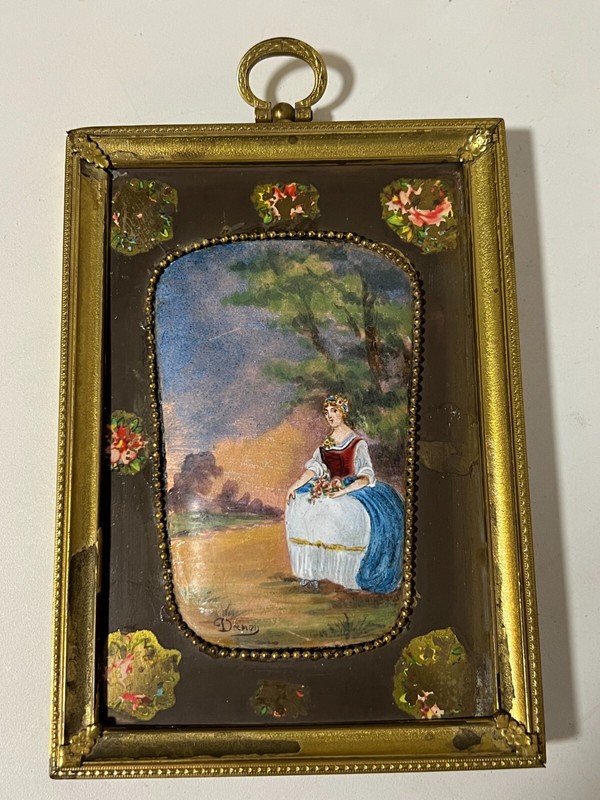 Antique Enamel on Copper by Damon Painting, Signed & Framed, 3″ x 4 3/4″ (Image)