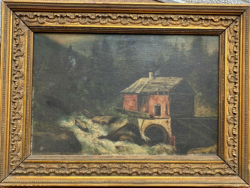 Oil Painting Mountain Stream Mill Gründerzeit Biedermeier Frame Antique Um 1880