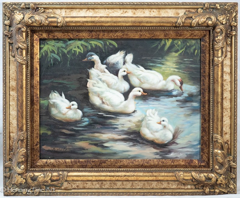Beautiful Impressionist Oil Painting of White Ducks Signed A. Hale 18.5×22.5″
