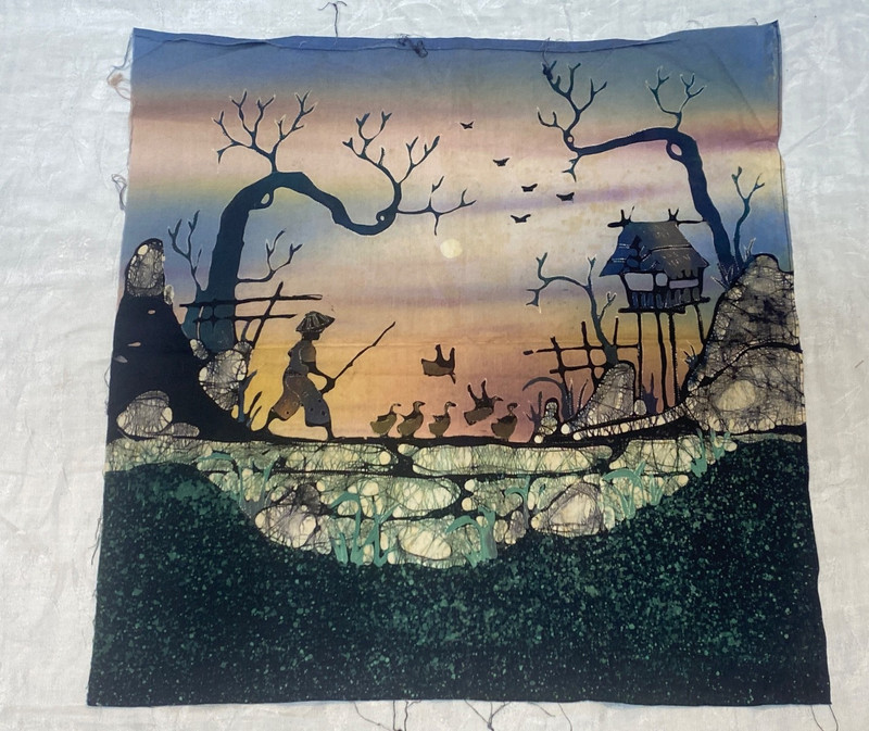 Batik Painting On Fabric Original Art Ducks Village Scene Signed gallery