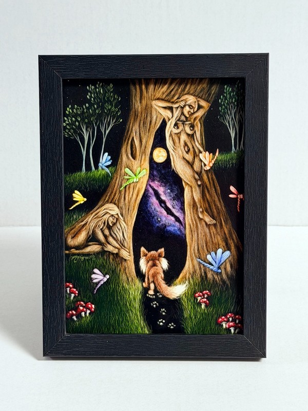 Original Scratchboard Art FANTASY Painting Tree Wood Nymph Dragonfly Fox Fairy