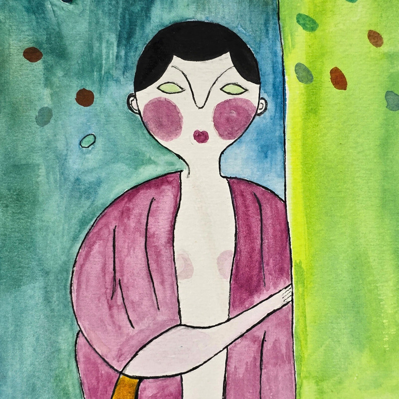 Original Watercolor Painting Women Bath House Onsen Yukata by JLO Japanese Asian gallery