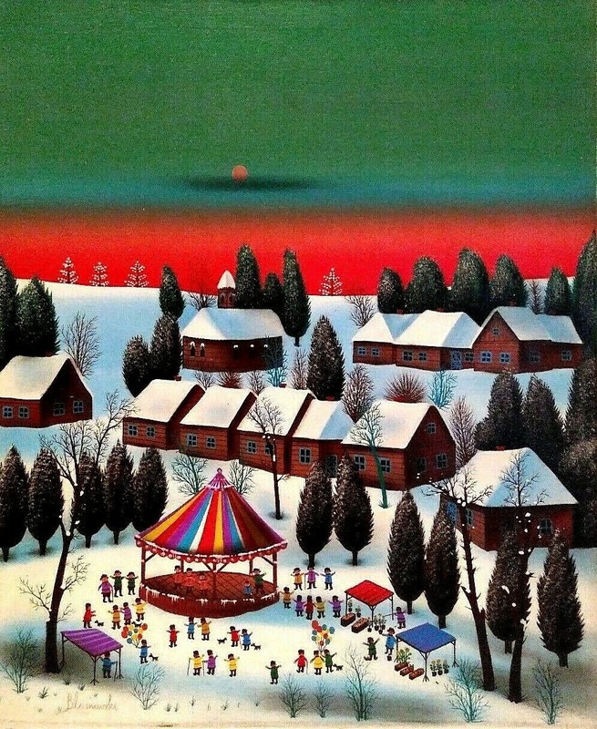 FRENCH PRIMITIVE BLASNOWSKI Sd WINTER VILLAGE LANDSCAPE w/ FIGURES ORIGINAL O/C