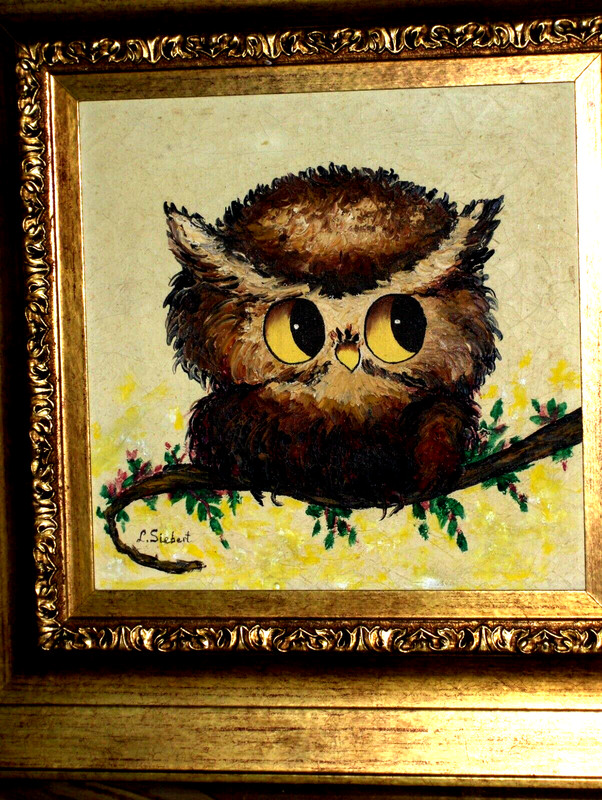 Authentic ORIGINAL Baby Owl Bird Brown Beige Happy Limb Tree Signed Oil Canavas