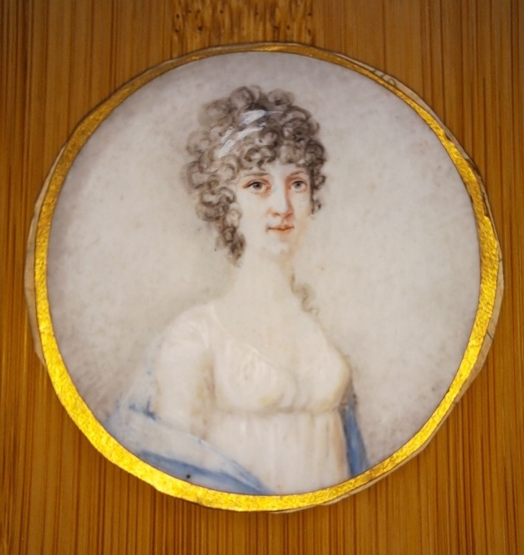 Antique Miniature English Portrait Painting of Georgian Lady in Ebonized Frame gallery