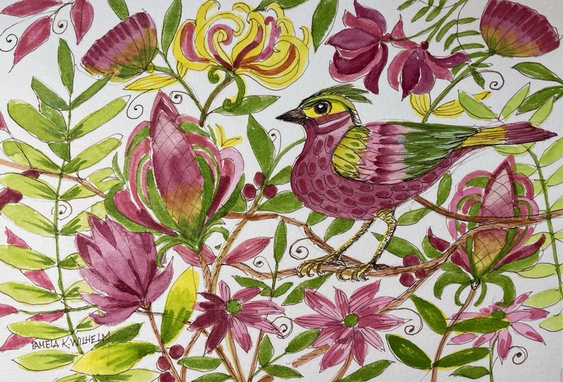 5.75”x8” Original Whimsical Watercolor Bird Flowrrs Berries Green Pinks Yellow