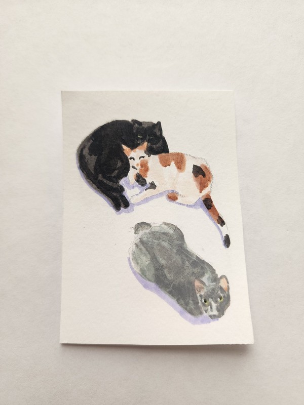 ACEO Original Acrylic Painting Abstract Black Grey Calico Cats by Kiva