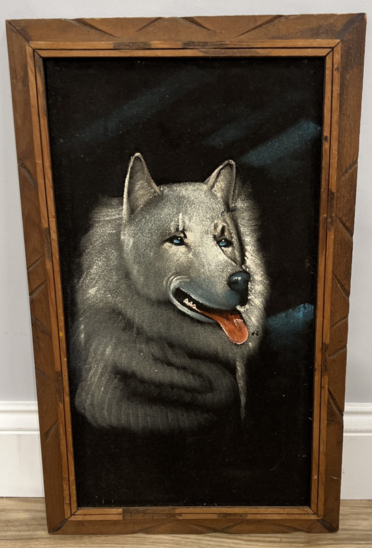 Vintage Oil Painting of Black and White Husky Wolf Wood frame On Black Velvet 22