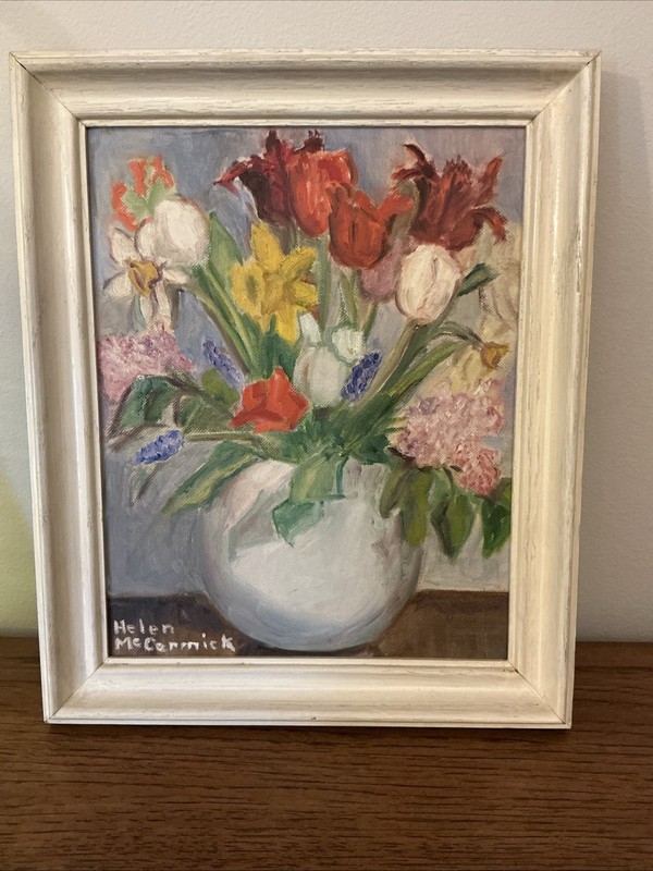 HELEN MCCORMICK Vintage Still Life Flowers MidCentury Textured Oil Painting 8×10