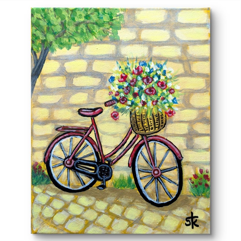 Original Hand Painted 8x10 Bicycle Flowers Acrylic Canvas Home Decor Signed gallery