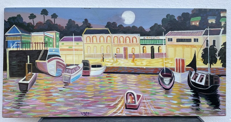 EXPRESSIONIST SOUTHERN HARBOUR WITH FISHING BOATS IN MOONLIGHT MODERN OIL PAINTING gallery