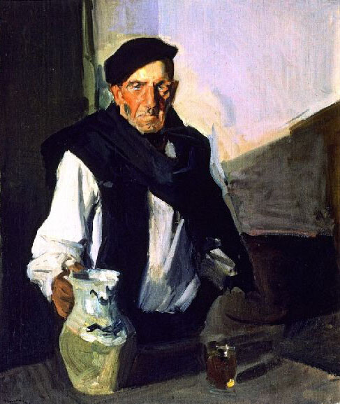 Oil painting old man portrait & jar art Basque-Drinker-Joaquin-Sorolla-y-Bastida
