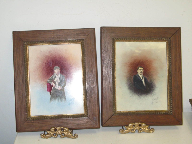 Set 2 Signed V. Gossens 1911 Antique Painting Porcelain Plaque 7.5×5.5 Portrait