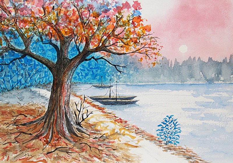 Original Watercolor Painting 0016 «Autumn Mooring» 13 x 9 (Unframed)