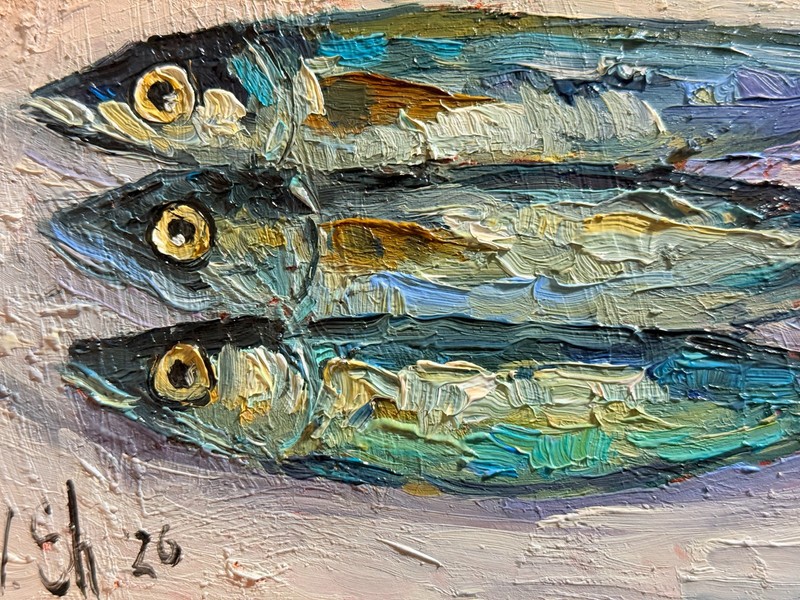 Sardine Original Oil Painting Fish Seafood Art Sardine Still life Kitchen Signed gallery