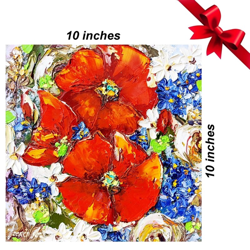 Poppies Painting Original Art Flower Office Painting Impasto 10х10 in gallery