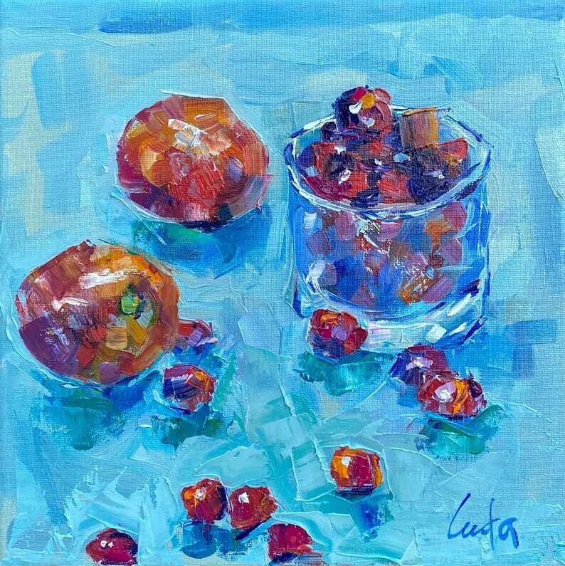 Kitchen Still Life Oil Painting of Red Tomatoes and Cranberries Canvas 12×12 in